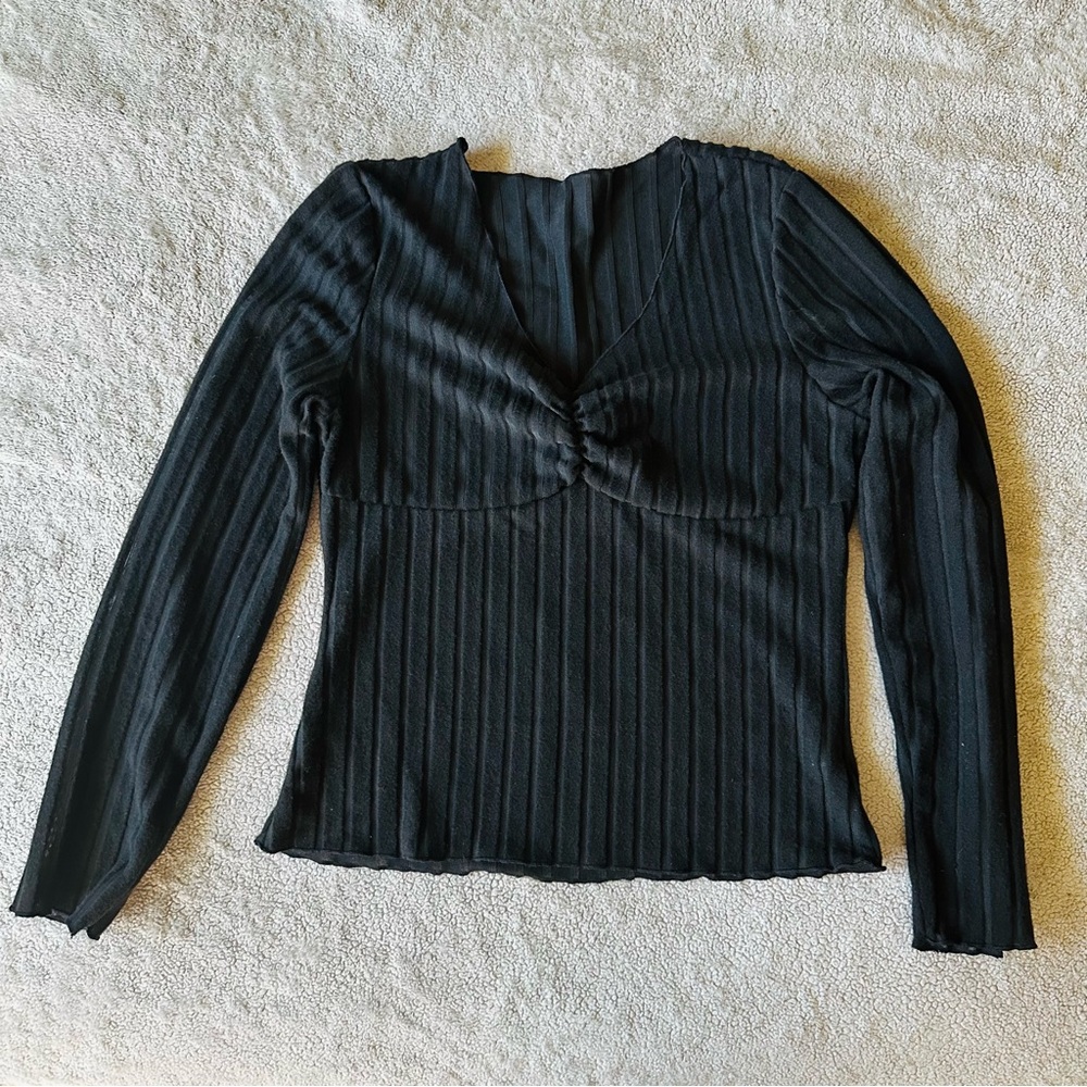 SHEIN Black Ribbed V-Neck Blouse - Size L